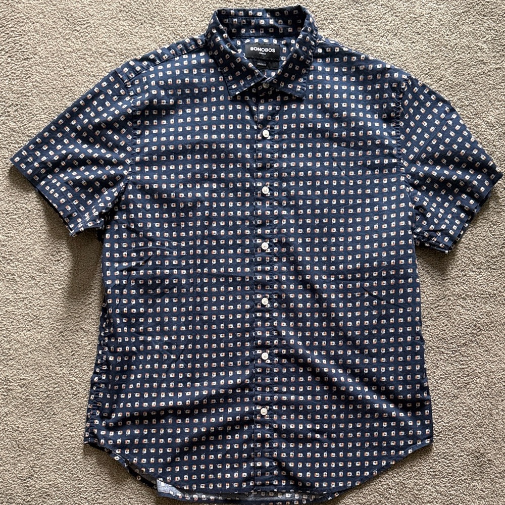 Bonobos Navy Blue Patterned Men's Shirt - Large - Athletic Fit